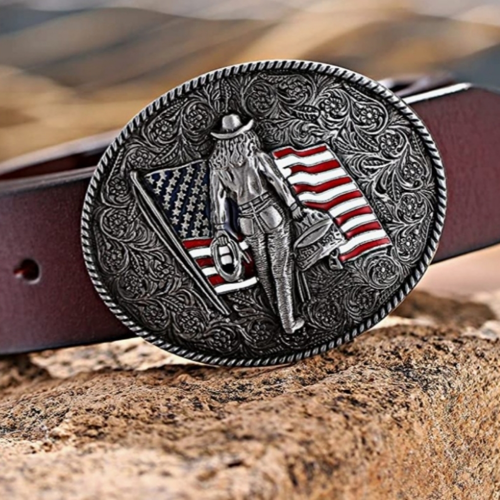 Cowboy Cowgirl Western rodeo American flag belt buckle In Gold Or Silver